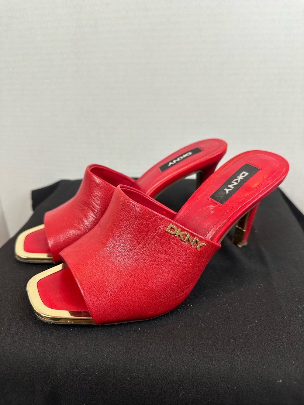 DKNY Red Leather Open-Toe Mule Heels with Gold Trim, size 6.5